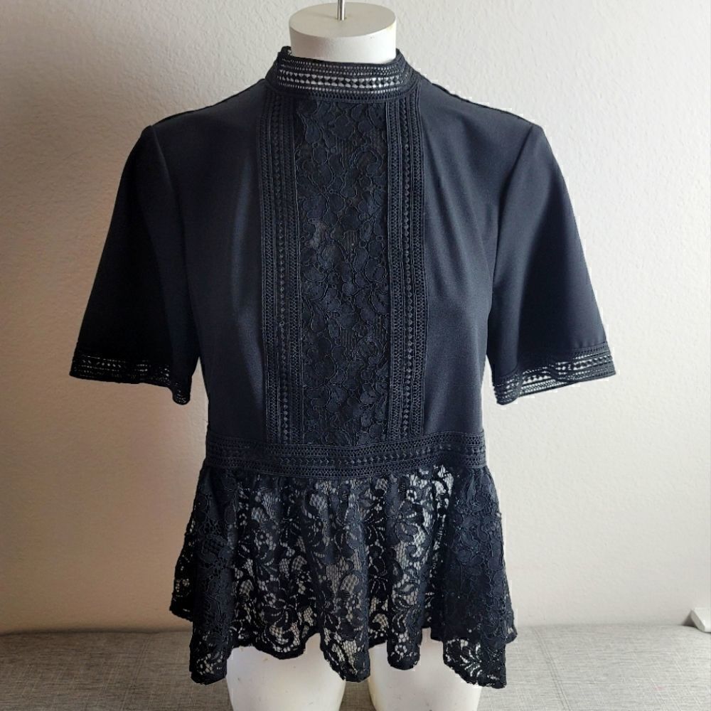 Zara Black Lace Trim Short Sleeve Peplum Blouse